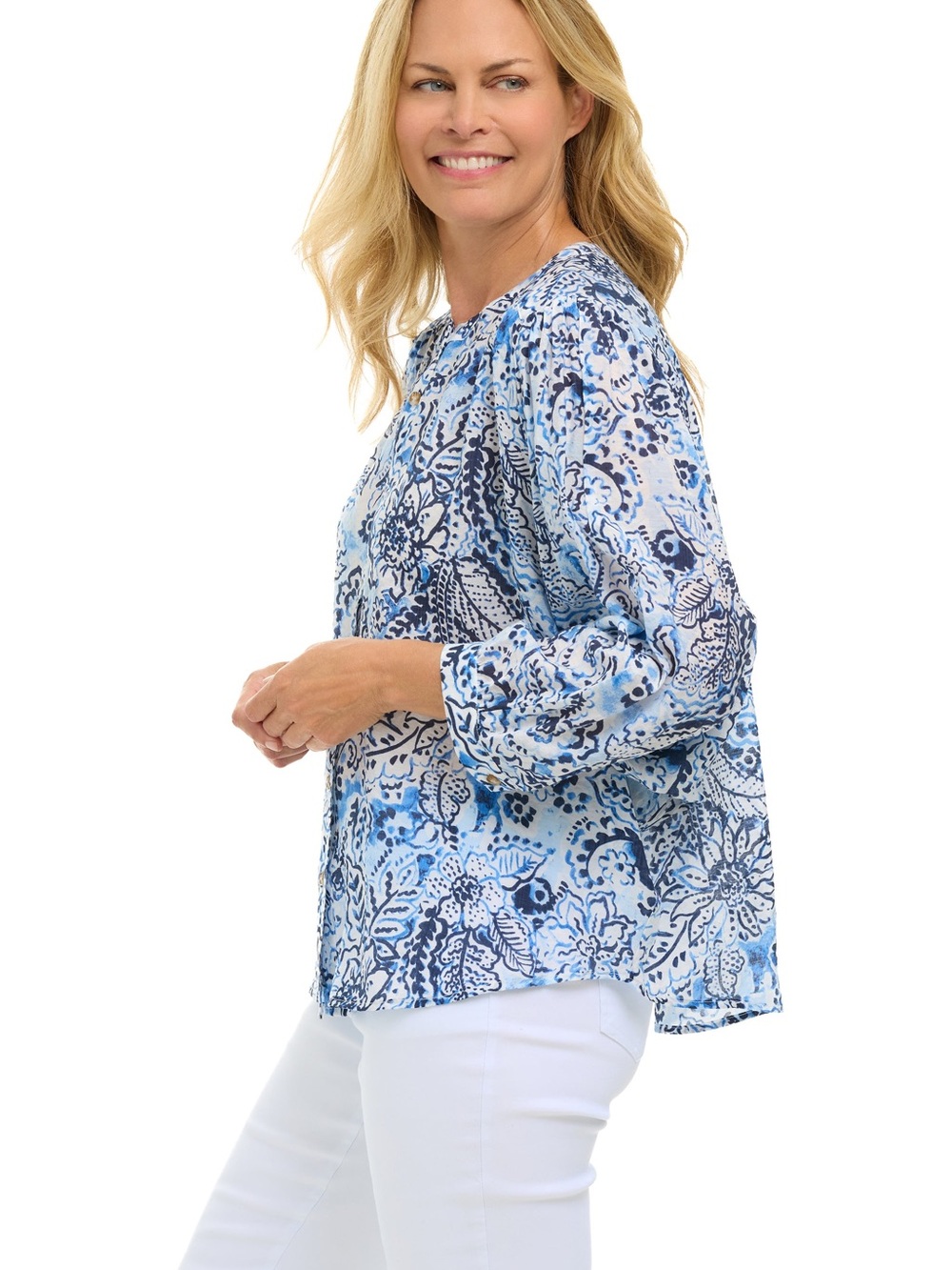 Tribal Blue Floral Peasant Blouse - Women Tops